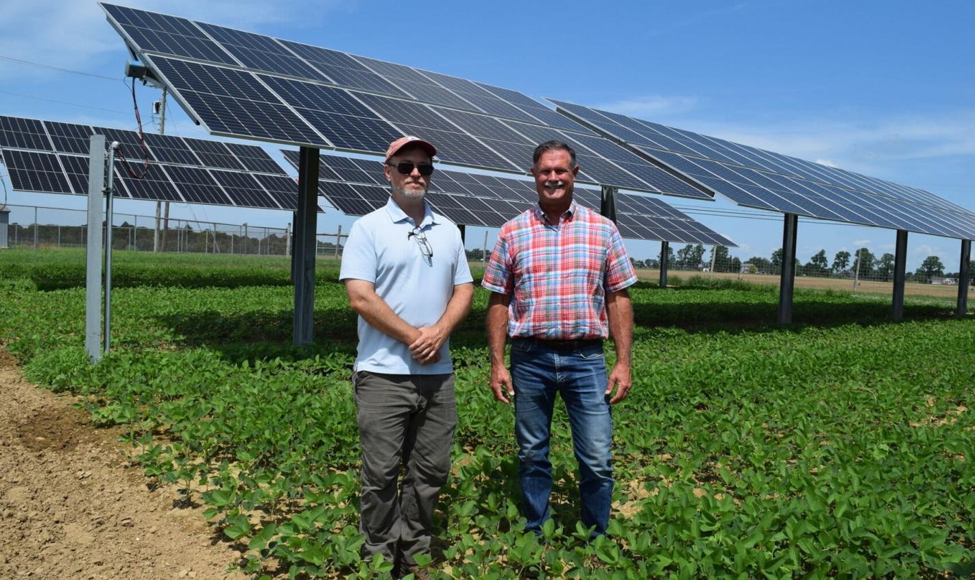 Rutgers Agrivoltaics Program team members Shawn Sorrels, left, and Dave Specca stand in a soybean trial at the Rutgers Agricultural Research and Extension Center in Upper Deerfield, N.J., on July 21, 2025.